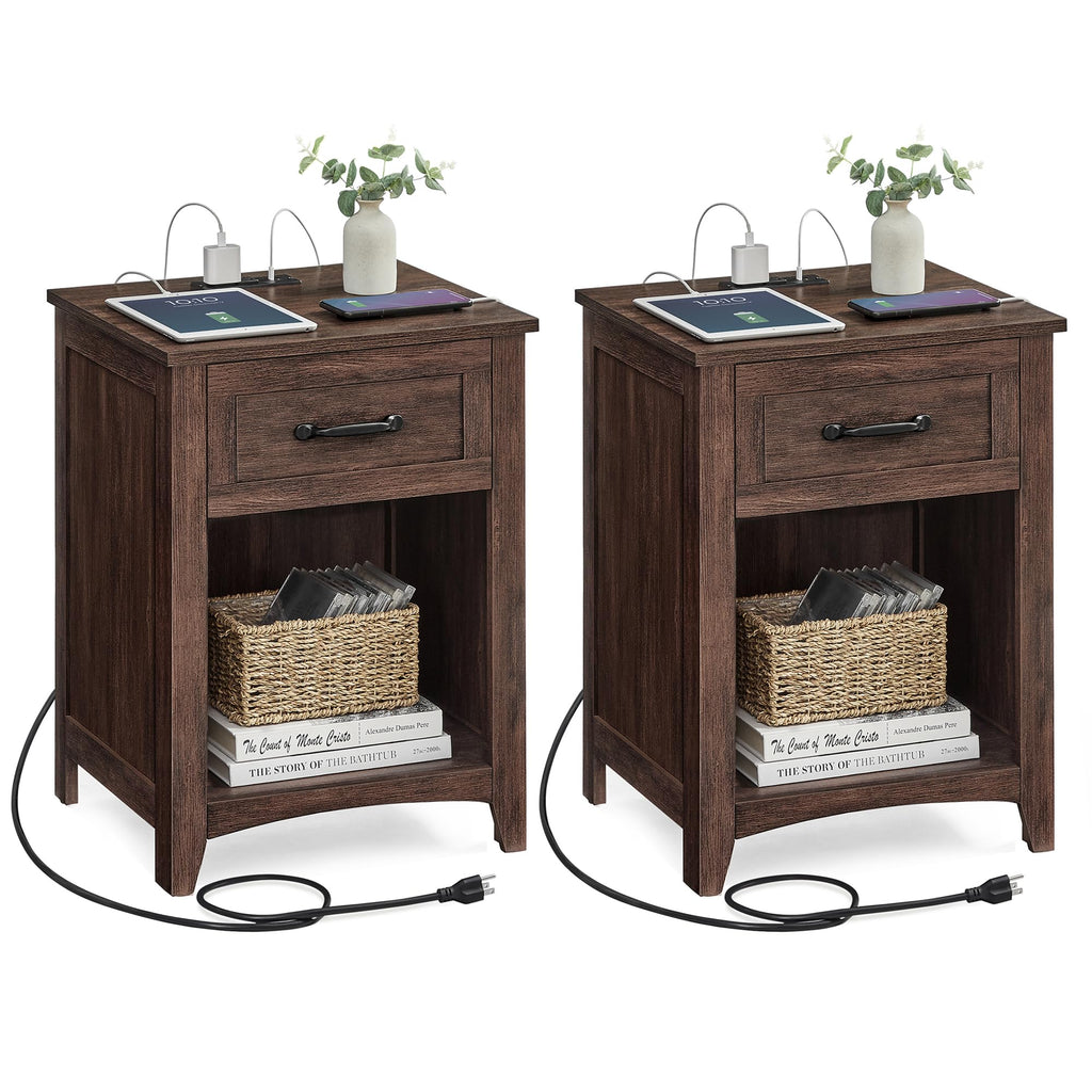 VASAGLE LIRY Collection - Farmhouse Nightstands with Charging Station, Set of 2 Bedside Tables, Side Tables with Drawer, Open Compartment, for Bedroom, Maroon Brown ULET959K51