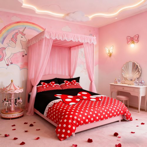 Homewish Bowknot Duvet Cover Set King Size,White Dots Bedding Set 3pcs for Kids Teens Girls Boys Room Decor, Romantic Princess Style Comforter Cover Red and Black Quilt Cover with 2 Pillowcases