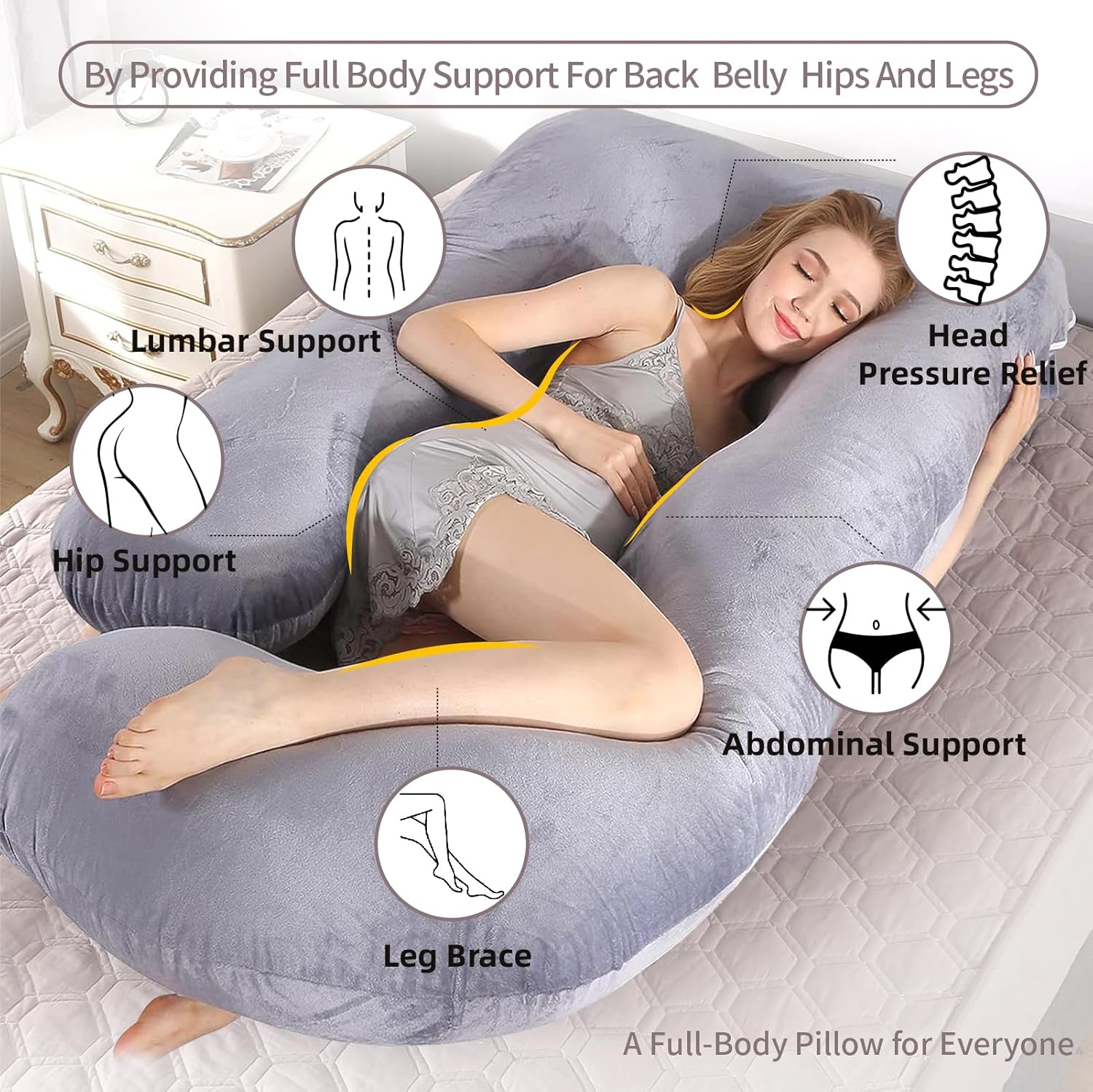 Skiennix 60-Inch U-Shaped Pregnancy Pillow - Cooling Full Body Support with Removable Velvet Cover | Grey