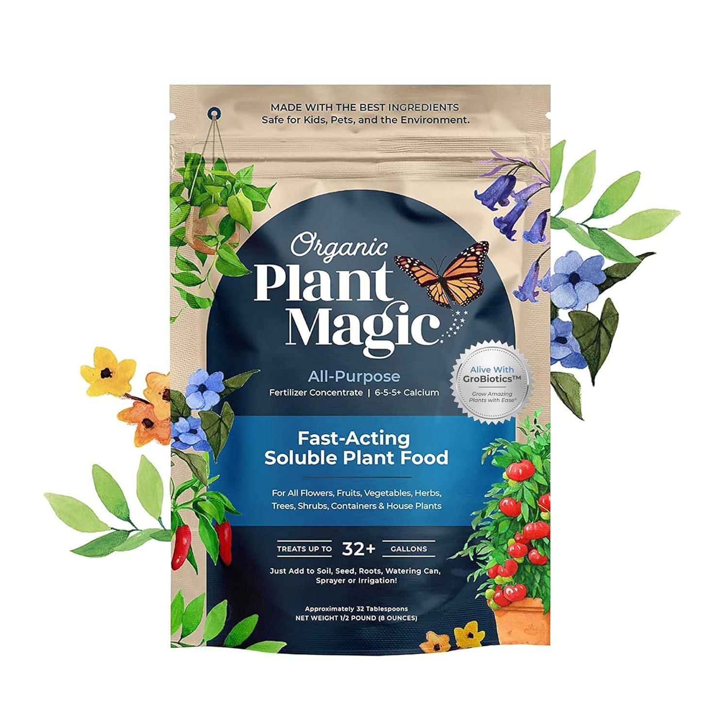 Organic Plant Magic - Fast-Acting Water Soluble Fertilizer - All-Purpose Plant Food for Indoor & Outdoor Use | 1/2 lb Bag