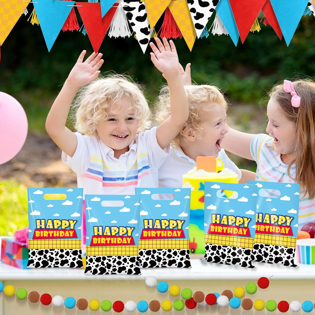 Ragnhild 50 Pcs Cartoon Story Birthday Party Favor Bags, Cow Pattern Goodie Treat Bags Party Supplies, Blue Sky White Cloud Plastic Candy Gift Bag with Handle for Kids Birthday Decorations