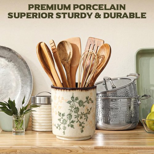 Teecyhooo Rustic Ceramic Utensil Holder for Kitchen Counter 5.5" Floral Utensils Crock Tuscany Countertop Cooking Tools Elegant Storage Caddy for Spatula Spoon Farmhouse Decor Housewarming Gift