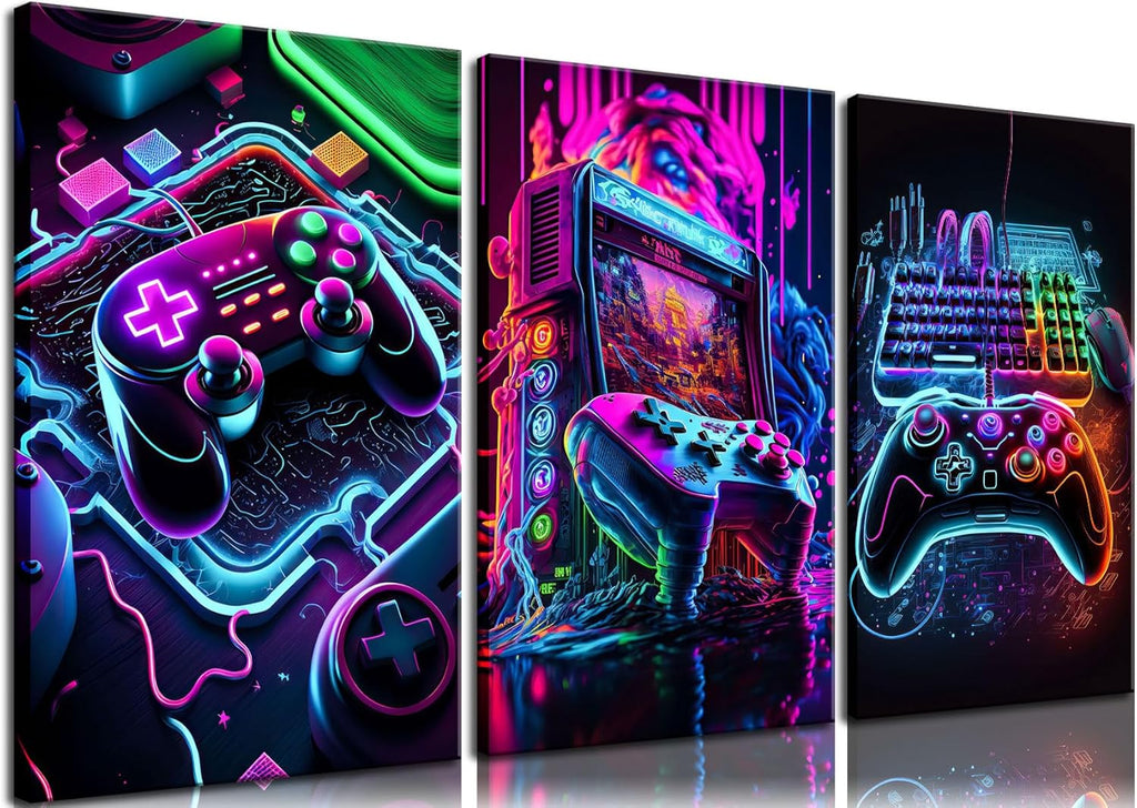 BGFCE Neon Gaming Accessories Canvas Wall Art Set | 3-Piece Game Room Decor for Boys, 16x24in Framed