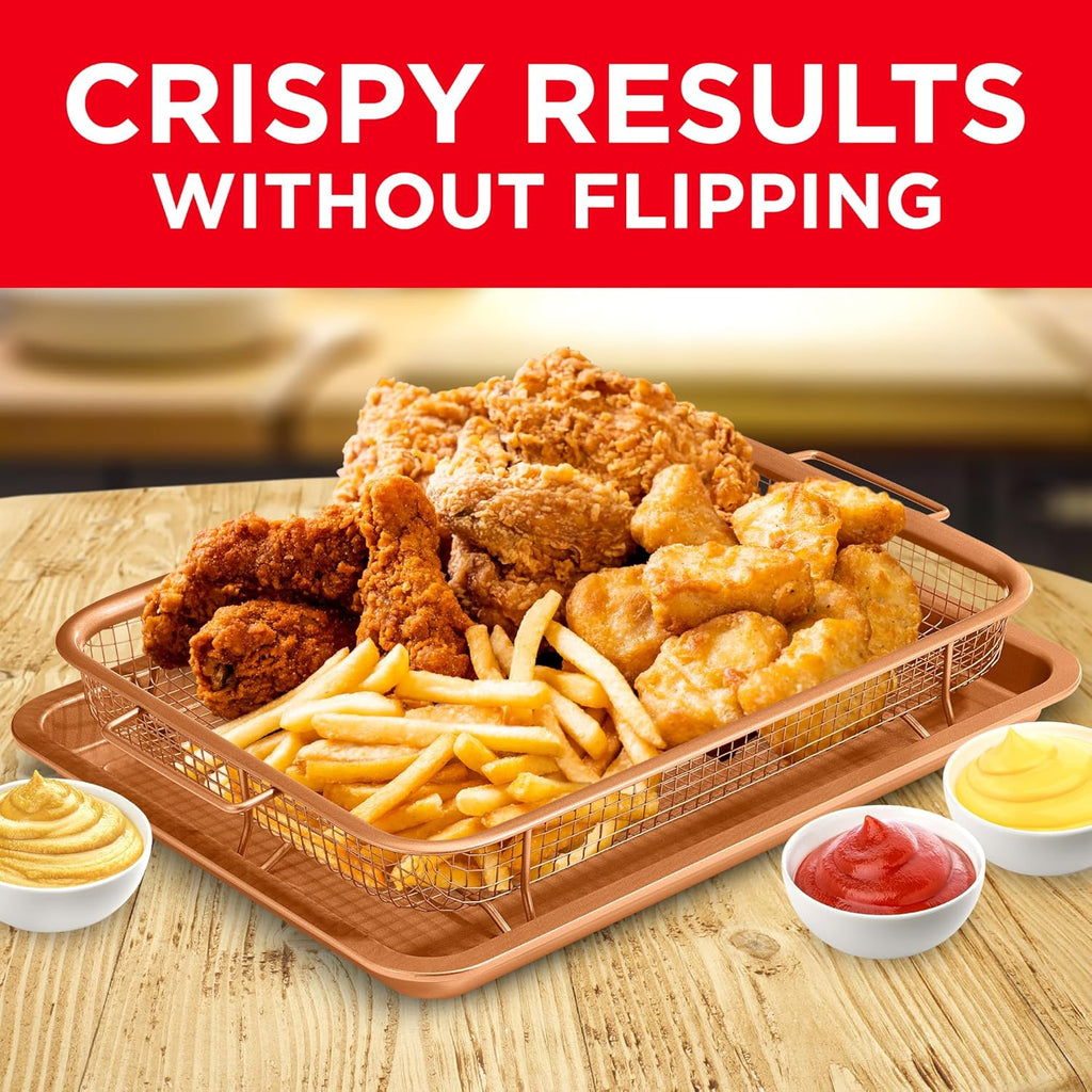 Bakken Swiss 2-In-1 Air Fryer Tray - Nonstick Copper Crisper Basket, Extra-Large 9.5"x13", Dishwasher Safe