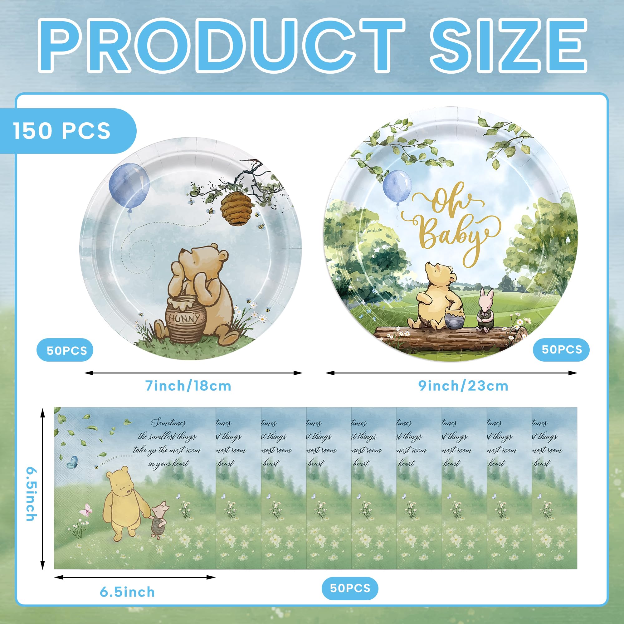 150pcs Bear Baby Shower Decorations Include Plates Napkins for Baby Shower Deco Paper Disposable Tableware Set for Kids Boys Serves 50 People