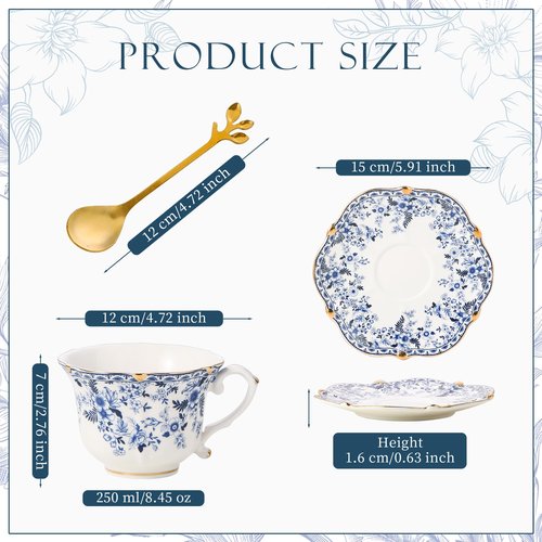 TATSUMI Country Roses Bone China Tea Cup and Saucer Set, 6 Pieces, Vintage Style, For Women and Tea Parties（QH, 2 SETS）