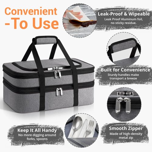 MIAOJIE Double Insulated Casserole Carrier - Portable Casserole Carriers for Hot or Cold Food Lunch Tote Warmer or Cooler Bag for Potluck Parties Picnic Cookouts, Fits 9" x 13" Baking Dish - Grey