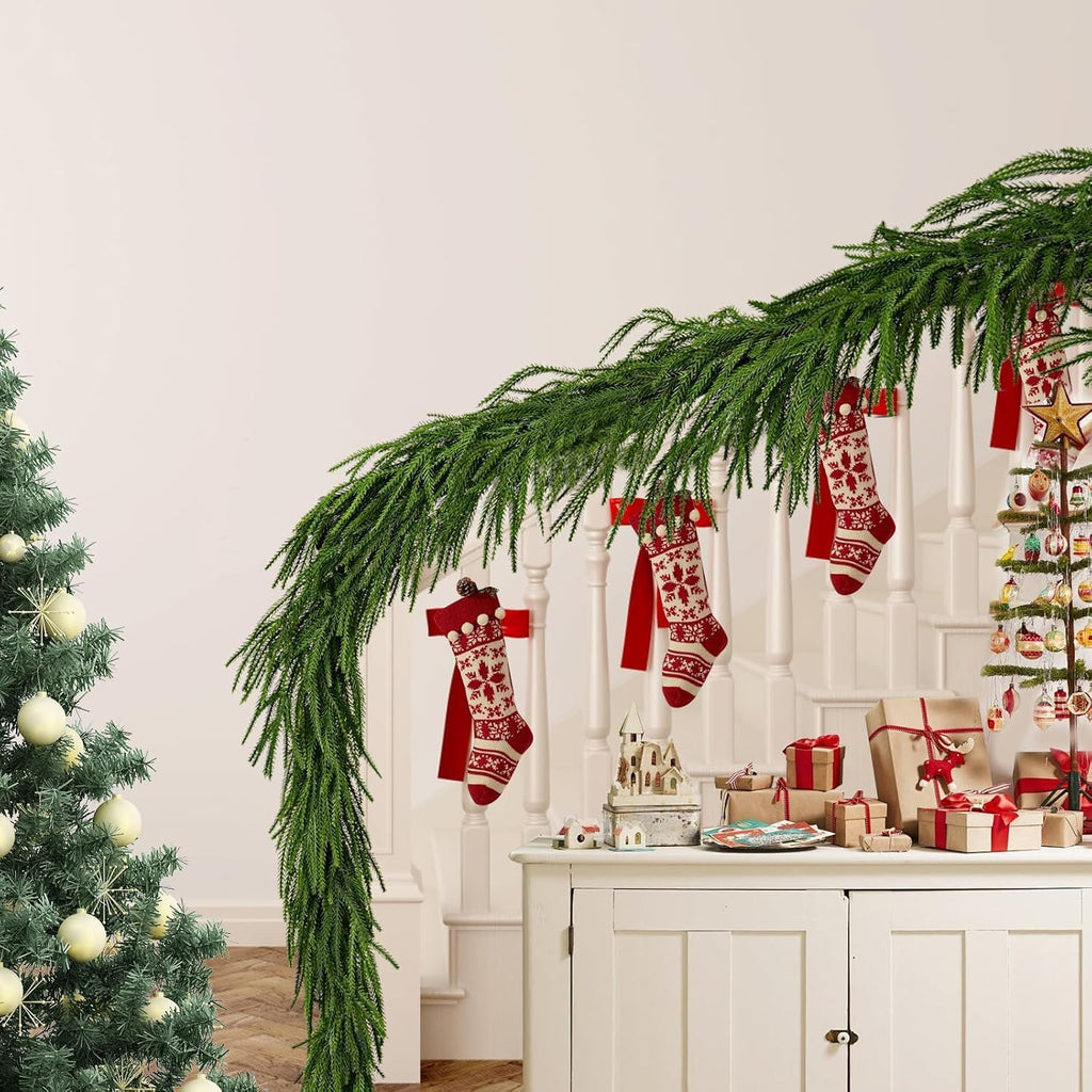 Norfolk Pine Garland - Realistic 9 Ft Faux Pine Christmas Decor for Mantle, Wall & Table