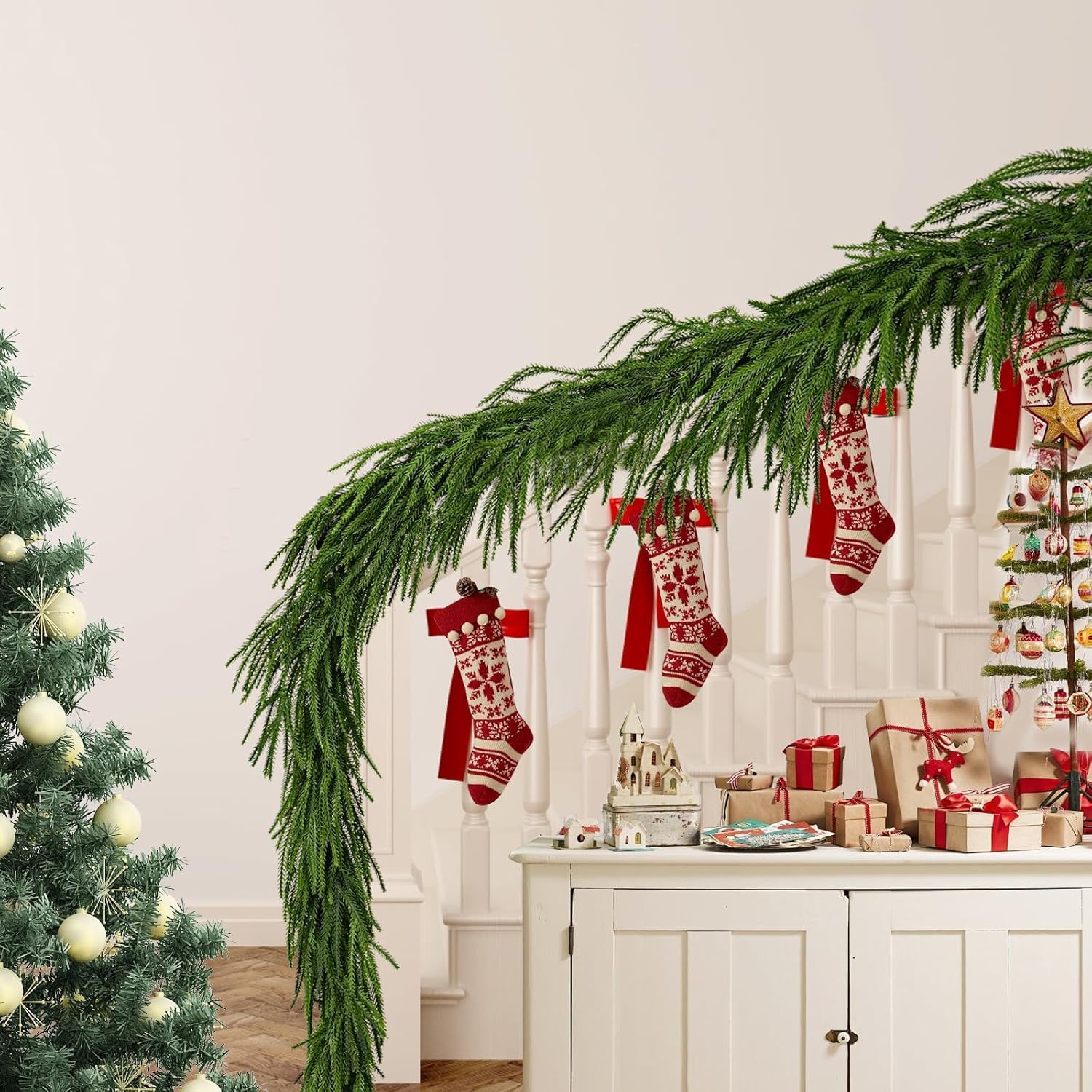 Norfolk Pine Garland - Realistic 9 Ft Faux Pine Christmas Decor for Mantle, Wall & Table