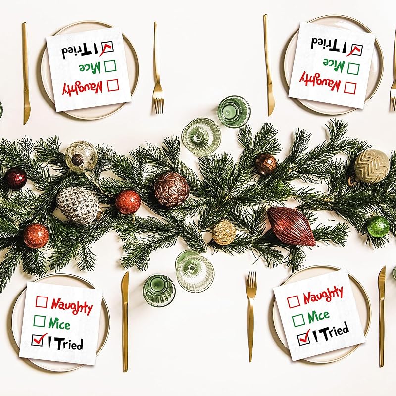 Naughty or Nice Christmas Cocktail Napkins – 50 Pack Disposable Paper Napkins for Holiday Parties