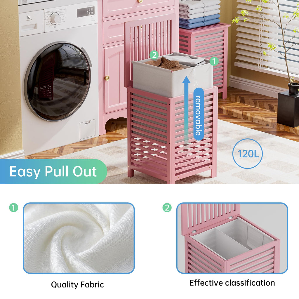 SMIBUY Double Laundry Hamper with Lid, 120L Bamboo Laundry Basket with Removable Liner Bag, 2-Section Clothes Divider Laundry Sorter for Laundry Room, Bathroom, Bedroom (Pink)