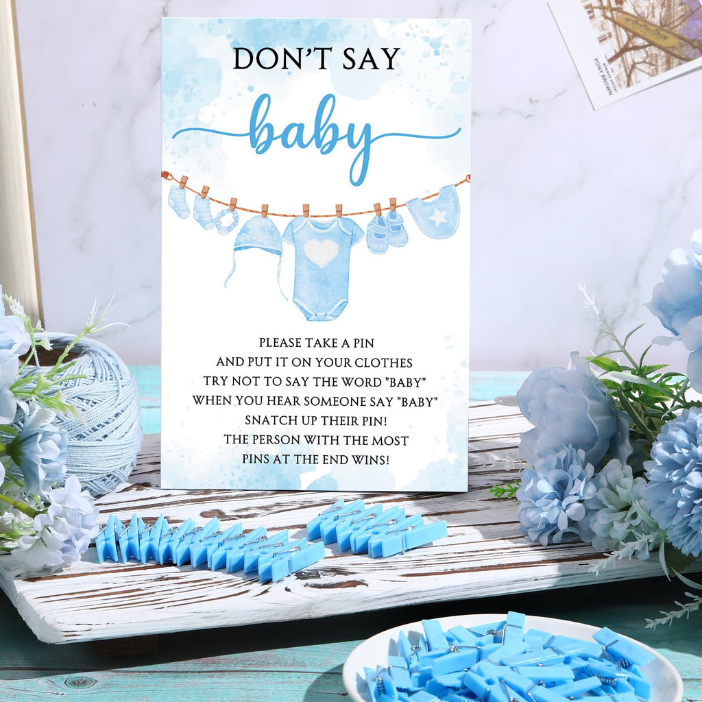 Cinnvoice 51 Pcs Baby Shower Games Supplies Include Blue Clothespins Don't Say Sign and 50 Plastic Clip Funny Baby Shower Party Decorations for Gender Reveal Favors