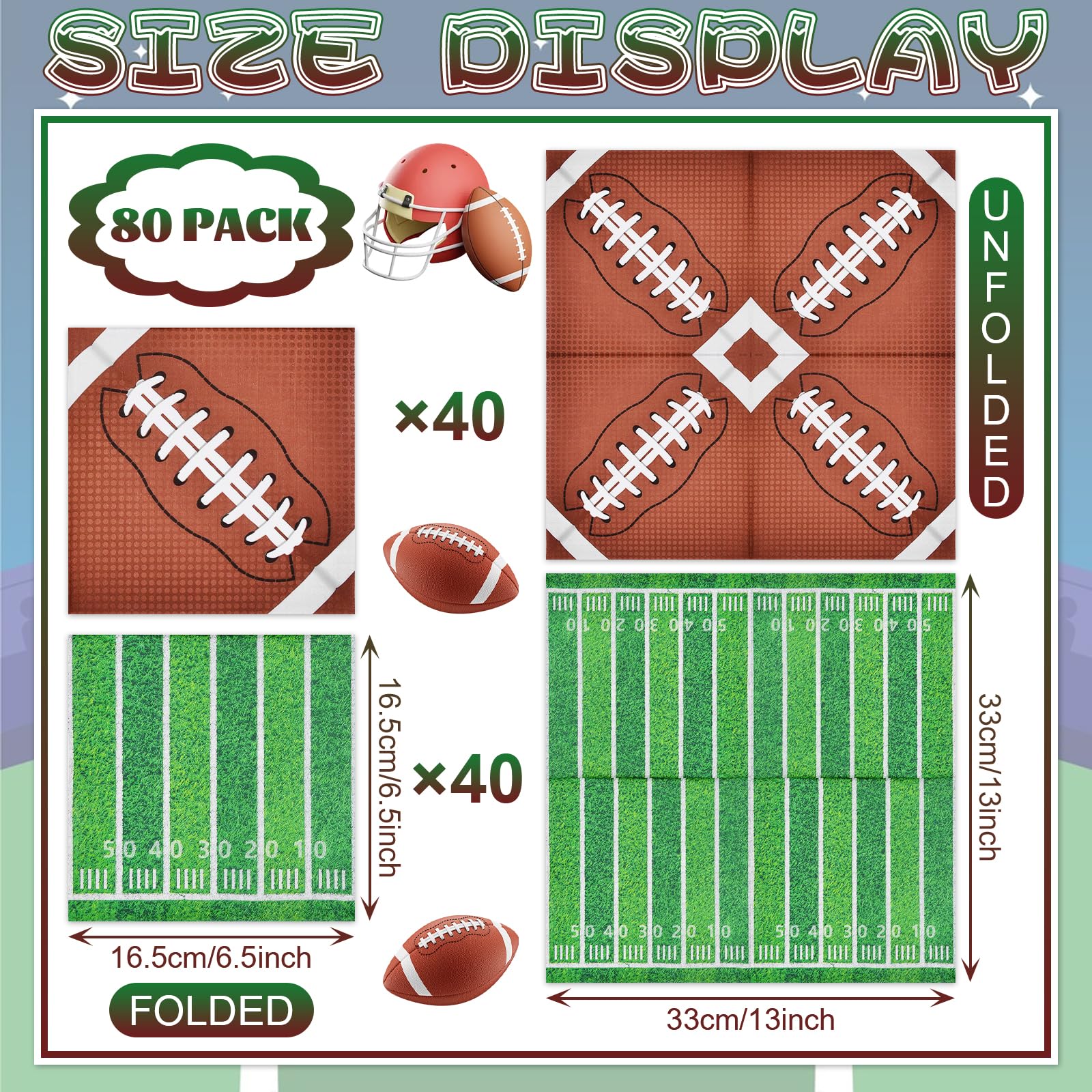 80 Count Football Paper Napkins - 2 Pattern 13 x 13 Inches Disposable Beverage Cocktail Napkins with Sports Ball and Field Designs for Tailgate Parties, Birthdays, and Sports Events
