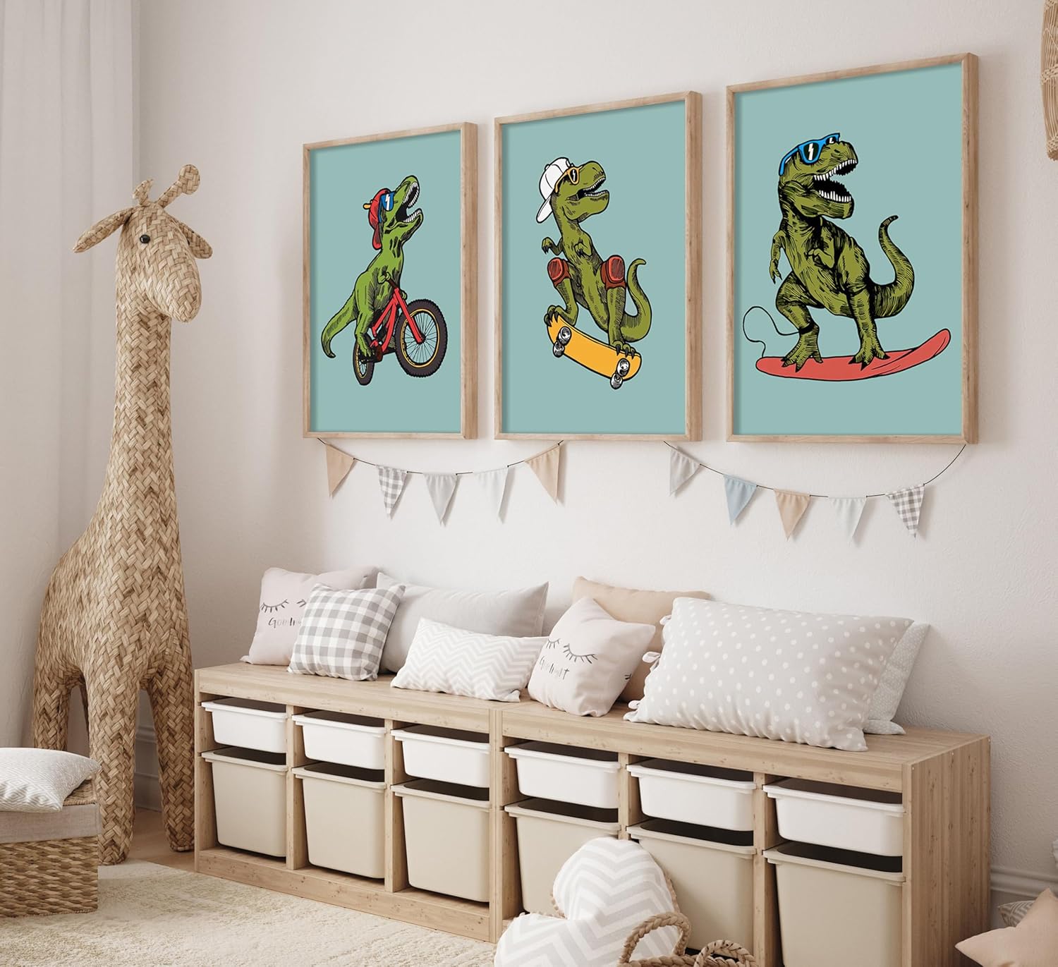 Skiennix 3pc Funny Dinosaur Nursery Canvas Wall Art - Surfing & Skateboarding Design for Boys' Room Decor