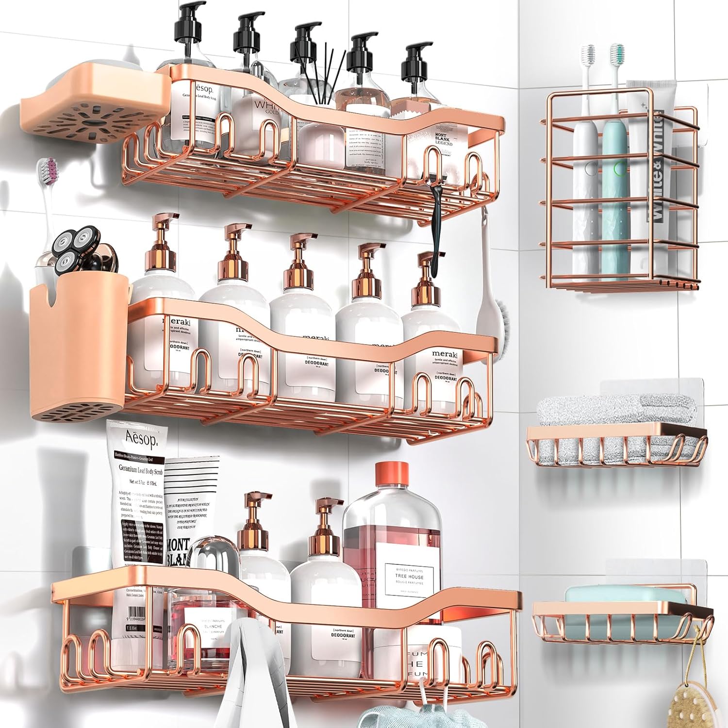NESOMI Shower Caddy - Rustproof Stainless Steel Organizer with Soap Dish & Hooks | 8-Pack, No-Drill Storage