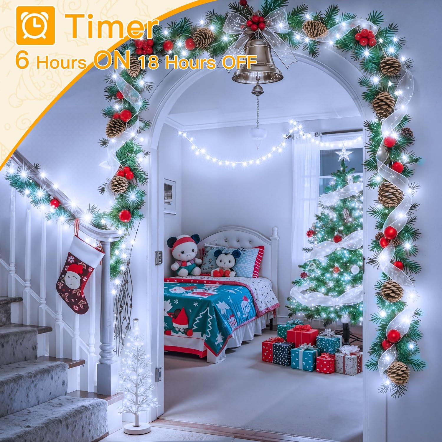 Ollny 200 LED Christmas Lights - 60FT Cool White Connectable String Lights | Waterproof, 8 Modes for Indoor/Outdoor Use