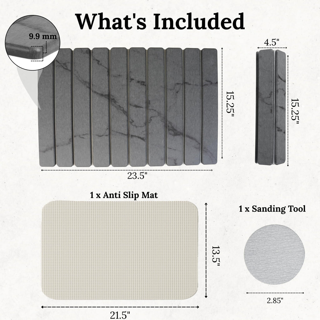 Large Stone Dish Drying Mat for Kitchen Counter 23.5”x 15.25” – Elegant Marbled-Inspired Surface Quick-Dry Absorbent Diatomaceous Earth - Multi-Use & Kitchen Mat for Dishes & Bottle Cups (Dark Gray)