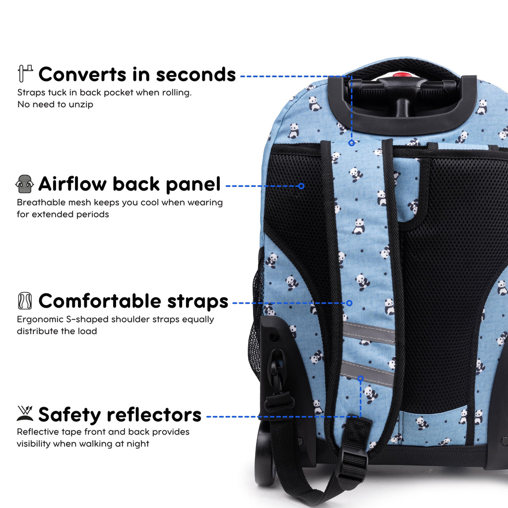 J World Sunrise Kids Rolling Backpack for Girls Boys. Roller Bookbag With Wheels For School, Panda
