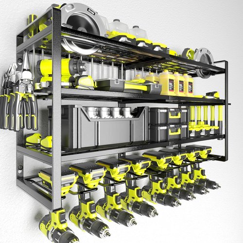 KAFAHOM Power Tool Organizer - Heavy-Duty 8 Drill Wall Mount Storage Rack | 4 Layers with Tool Holders