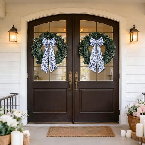 AZYM Wreath Sash Set - Elegant Blue Floral Ribbon for Indoor/Outdoor Door Decor | 2 Pcs