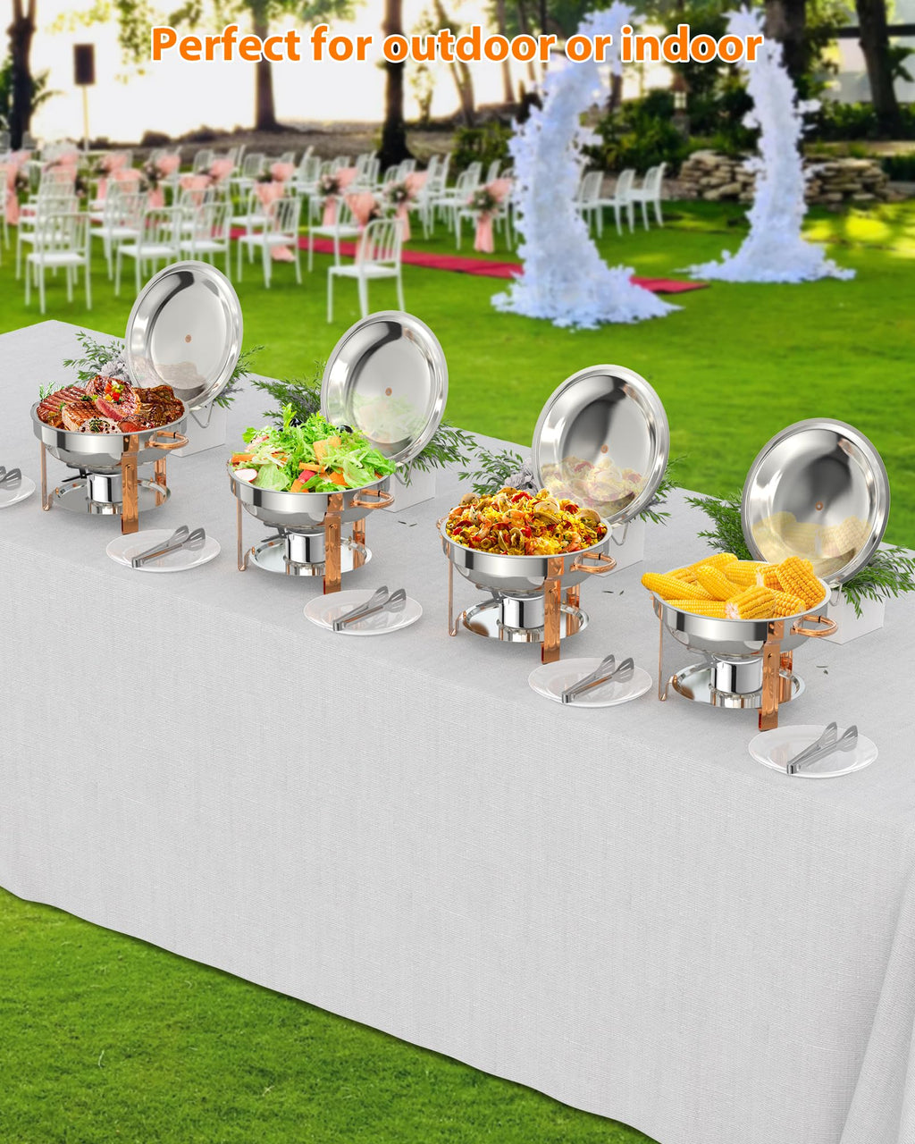GarveeHome Chafing Dish for Buffet 2 Pack, 5 QT Round Chafing Dishes Buffet Set w/Lid Holder, Stainless Steel Chafers and Food Warmers with Spoon and Tweezers for Parties, Weddings, Events, Rose Gold