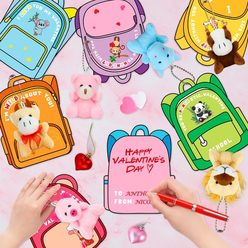 Valentines Day Gifts for Kids, 28 Pack Valentines Cards with Animals Plush Toys, Mini Stuffed Animal Keychain Bulk for Classroom Exchange School Prizes Valentine's Party Favor for Toddlers Boys Girls