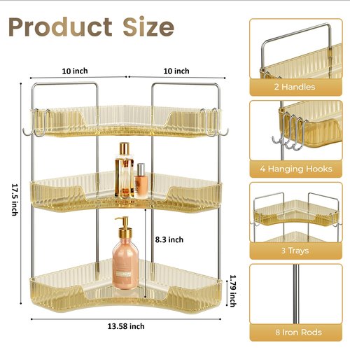 Kinkota Golden 3-Tier Corner Bathroom Organizer, Countertop Storage Shelf with Hooks | Makeup & Skincare Organizer for Bathroom Sink and Vanity Counter