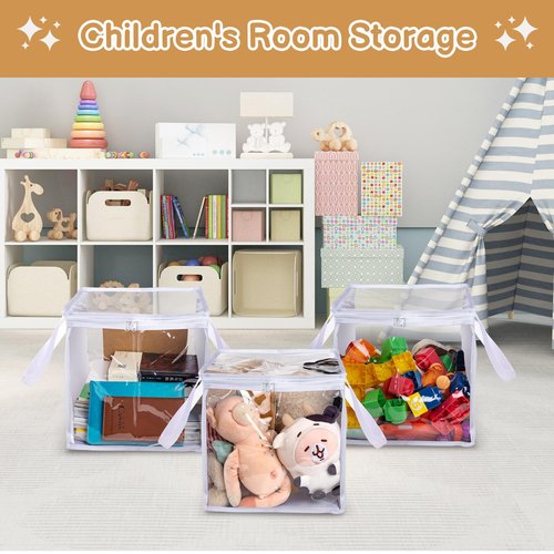 FQDGTFA 3 Pack Toy Storage PVC Boxes Storage Bins with Transparent Lid, Durable Clear Toy Organizer with Handle, Foldable Plastic Bins for Kids Playroom/Clothes/Toys/Blocks/Stuffed Animal Storage