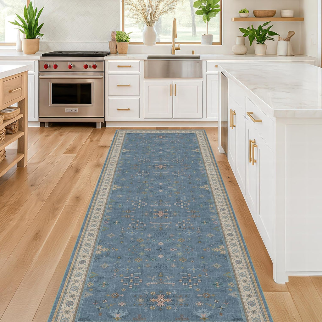 Boho 2'6" x 10' Wide Runner Rug - Light Blue Washable Non-Slip Hallway Décor