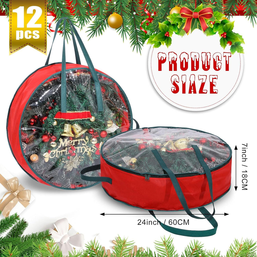 Shappy Wreath Storage Bag - 12 Pcs Clear Window Containers with Handle for Holiday Decor | 24 Inch