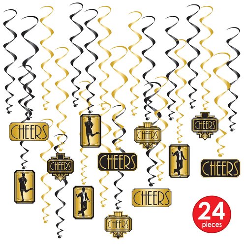 Beistle Great 20s Whirls – 24-Pack Art Deco Hanging Swirl Decorations with Metallic Gold & Black Spirals, 1920s Party Ceiling Decor for Roaring Twenties, Jazz Age Events, and New Year’s Eve, 17"–32"