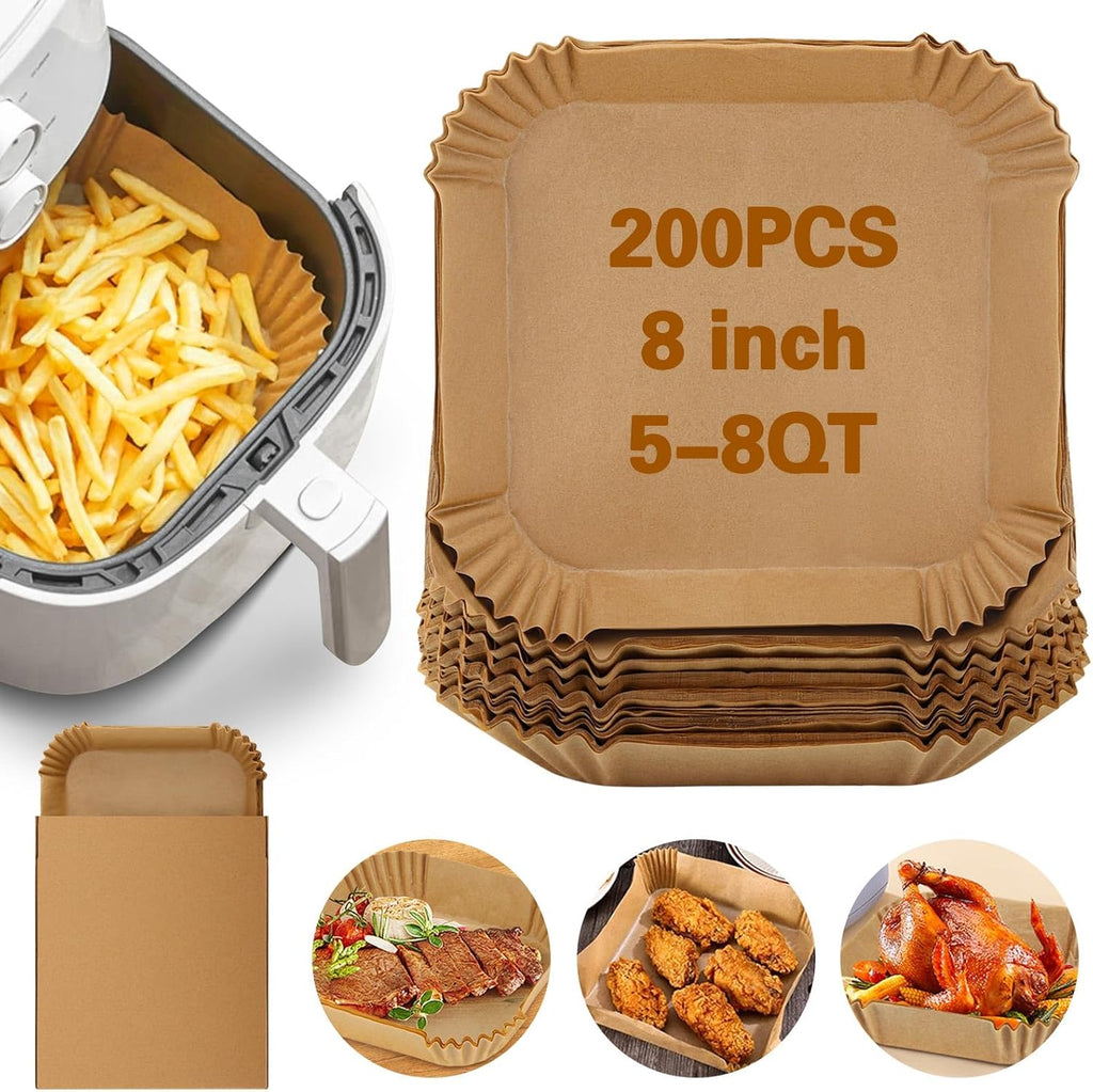 Skiennix 200Pcs Air Fryer Paper Liners - 8 Inch Square Non-Stick Parchment for Frying & Baking