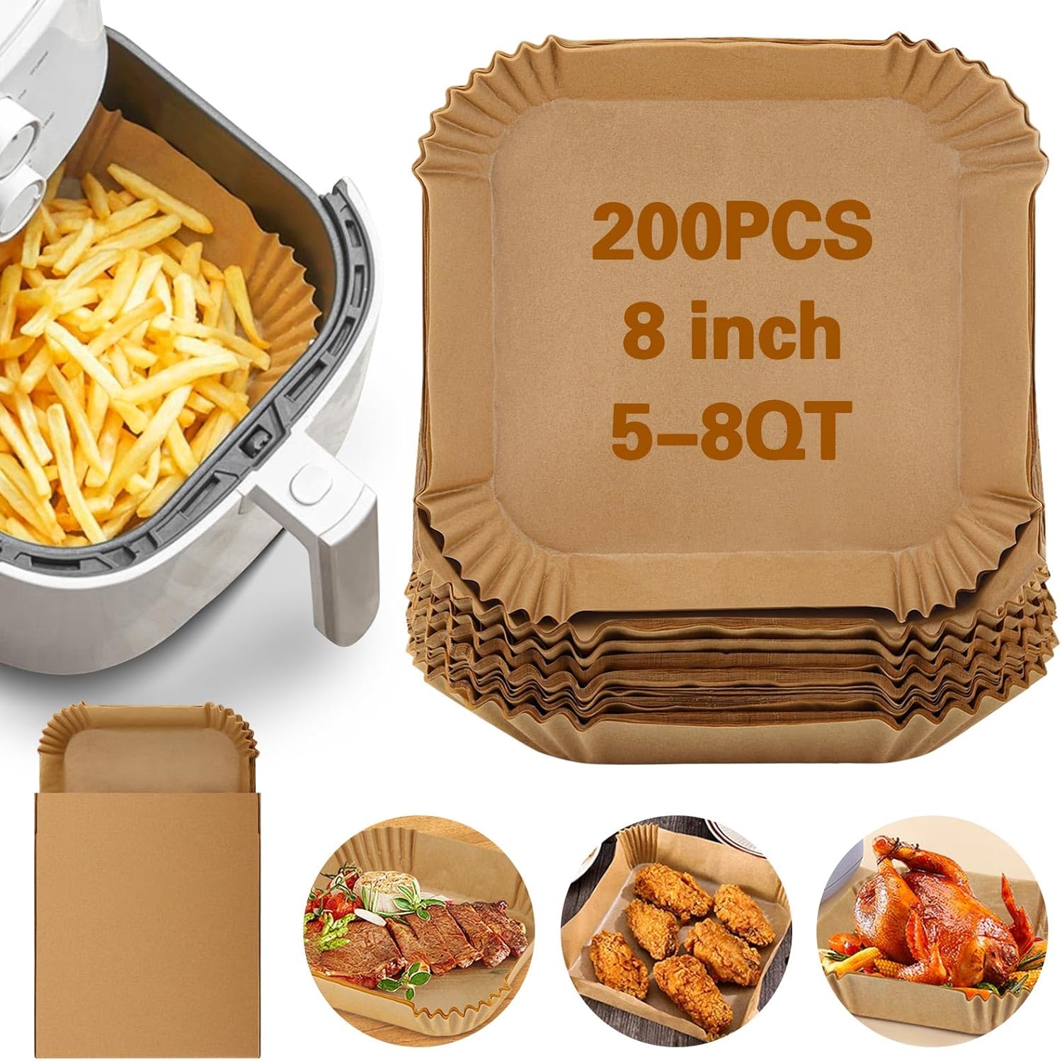 Skiennix 200Pcs Air Fryer Paper Liners - 8 Inch Square Non-Stick Parchment for Frying & Baking
