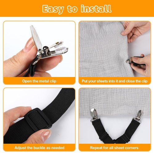 yccsedd Bed Sheet Straps, 4Pcs Elastic Adjustable Bed Sheet Holder Straps, Fitted Sheet Straps to Hold Sheets in Place with Metal Clips, Sheet Holders for Mattress Cover, Sheet, Sofa Cushion (Black)