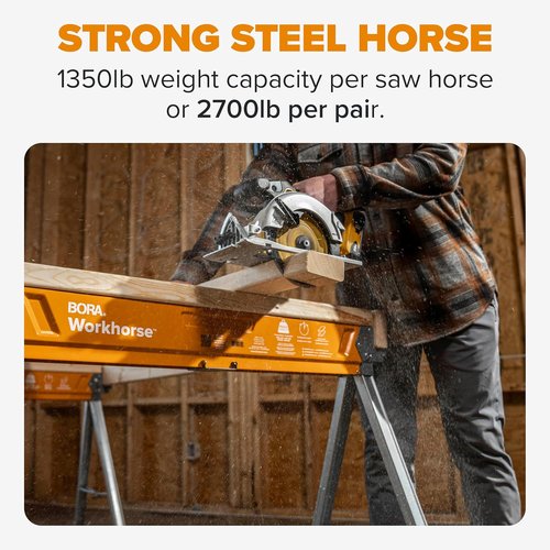 BORA Workhorse Saw Horses - Heavy Duty Folding Metal Sawhorses with 2x4 Bracket & Built-In Bottle Opener | 2-Pack