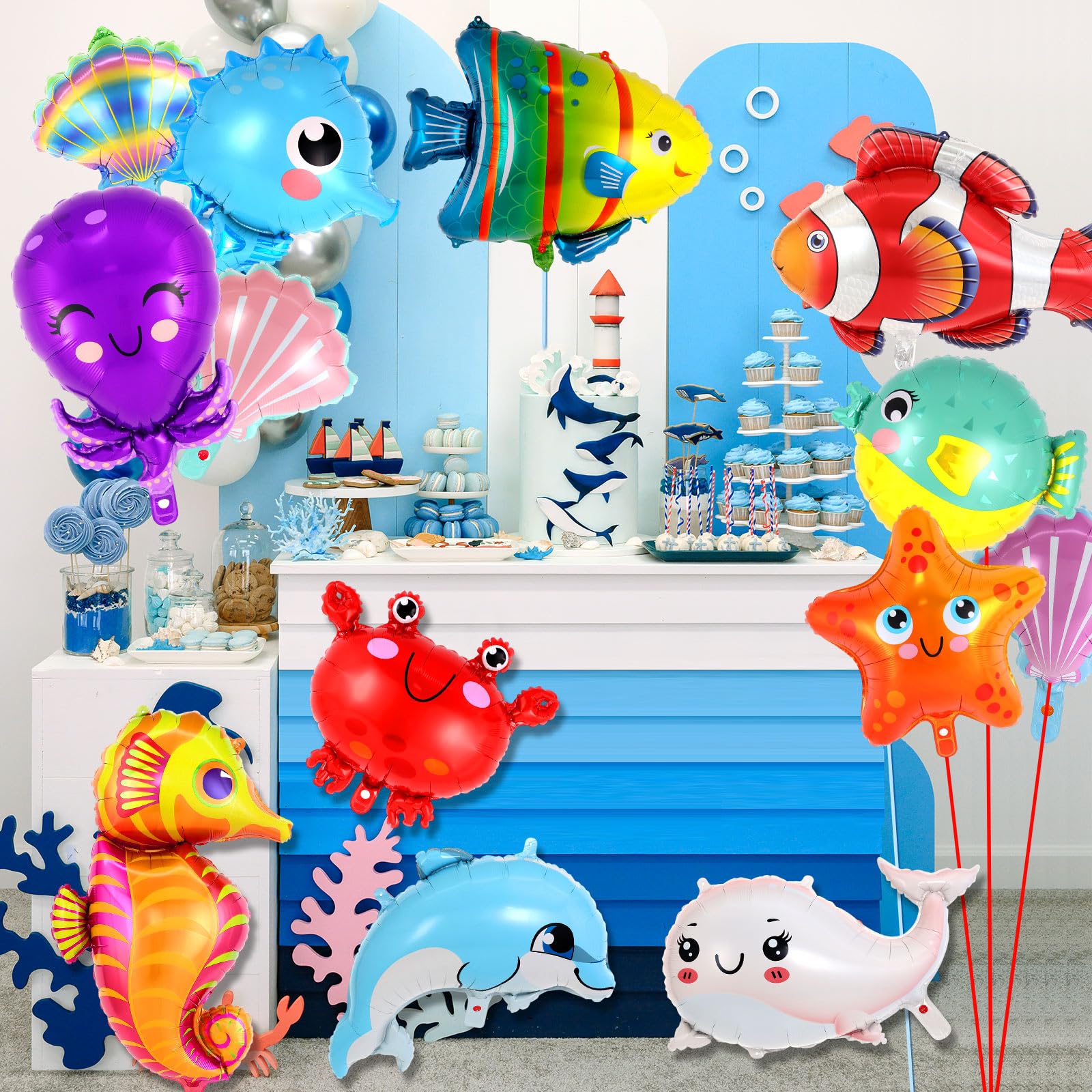 16 Pcs Ocean Animal Balloons, Under The Sea Balloons, Fish Lobster Octopus Starfish Seahorse Foil Balloon for Kids, Sea Animal Mylar Balloon for Beach Ocean Pool Birthday Party Decorations