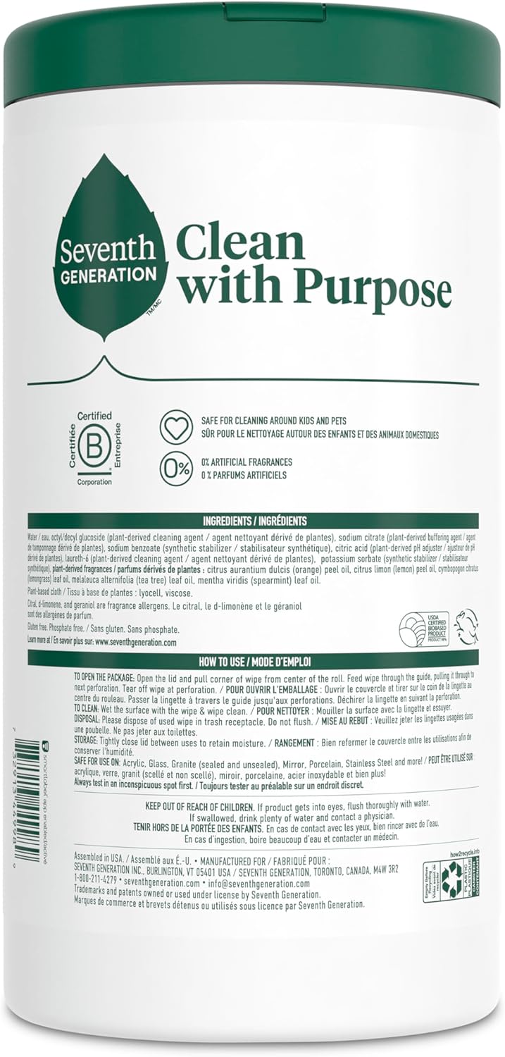 Seventh Generation Multi-Surface Wipes - Lemon Zest Scent | 100% Essential Oils | Pack of 3 (70 Ct Each)