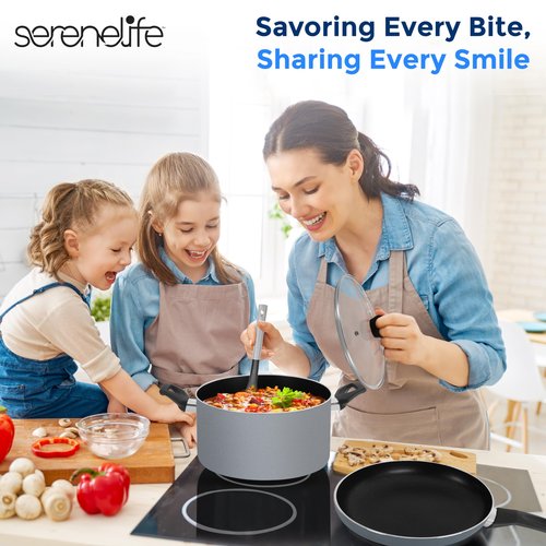 SereneLife Kitchenware Nonstick Cookware set, Non-Stick Coating Inside, Basic Kitchen Pots and Pans set, Heat Resistang Lacquer (11 Piece set), One Size, Gray