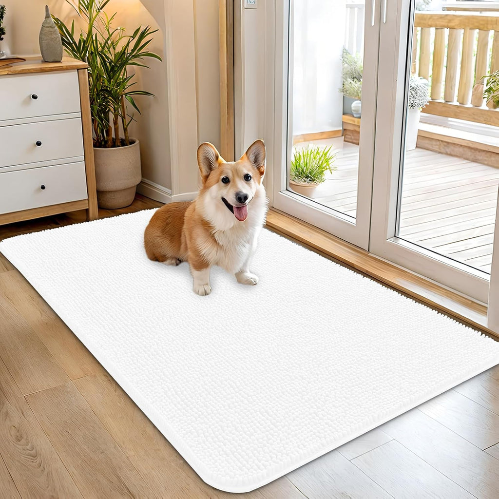 OLANLY Dog Door Mat - Absorbent Non-Slip Chenille Mat for Muddy Paws | 45x27, Quick Dry, White
