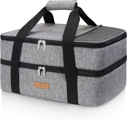 LUNCIA Insulated Double Decker Casserole Carrier - Keeps Food Hot or Cold | Fits 9" x 13" Baking Dish, Grey