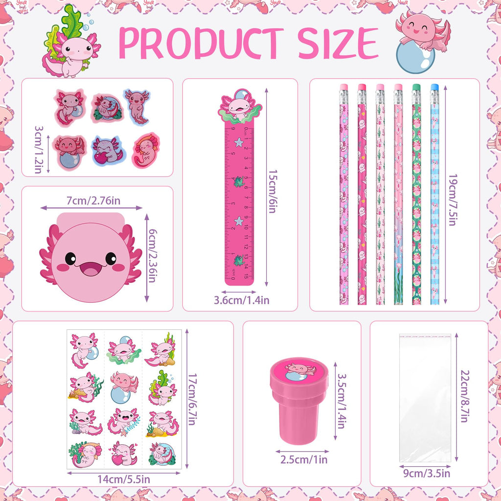 Cholemy 168 Pcs Axolotl Party Favors Axolotl Themed Pencils Notepads Stampers Rulers Erasers Stickers Bags Salamander Stationary School Supplies Kit for Valentines Day Gift Goodie Bag Piñata Filler