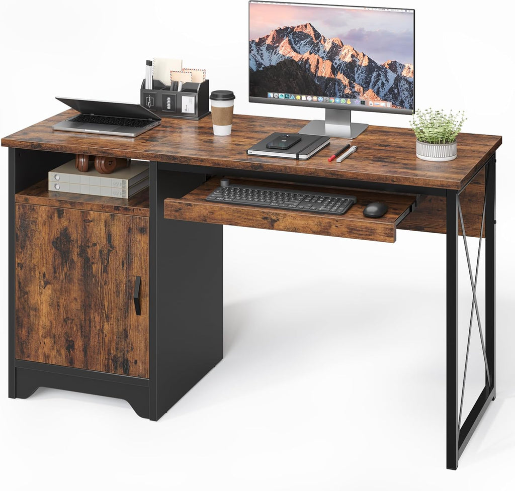 Bestier Office Desk - 47 Inch Industrial Computer Desk with Keyboard Tray & File Cabinet | Rustic Brown