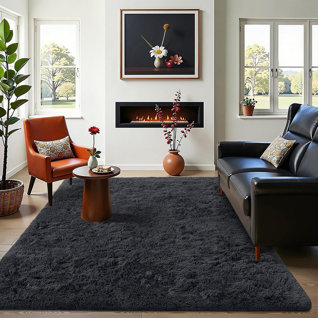 OLANLY Area Rugs - Soft Fluffy Shaggy Indoor Carpet for Living Room & Bedroom | Machine Washable, Black