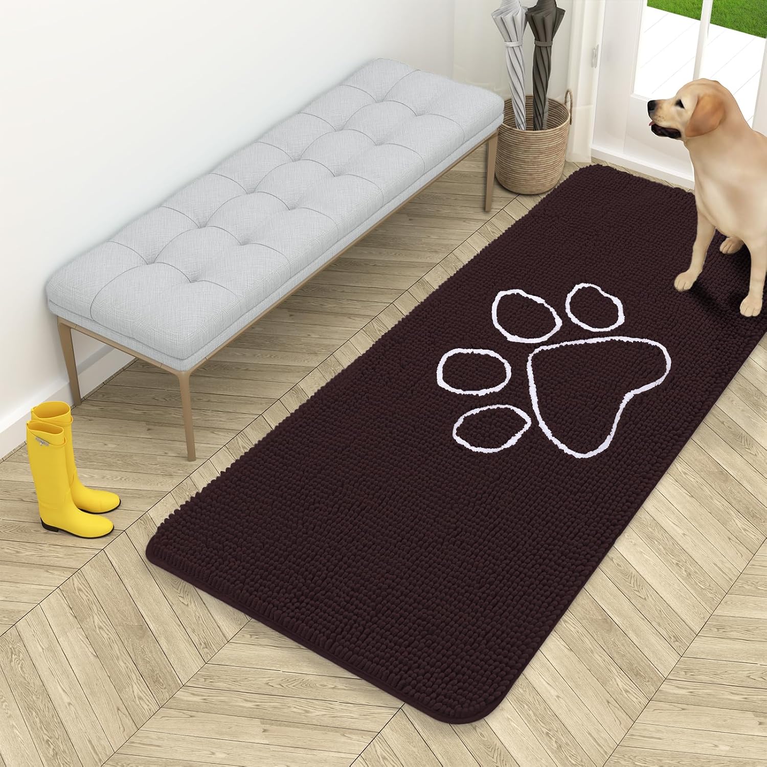 OLANLY Dog Door Mat - Absorbent Non-Slip Mud Mat for Muddy Paws | 54x24 Inches, Brown Paw Print Design