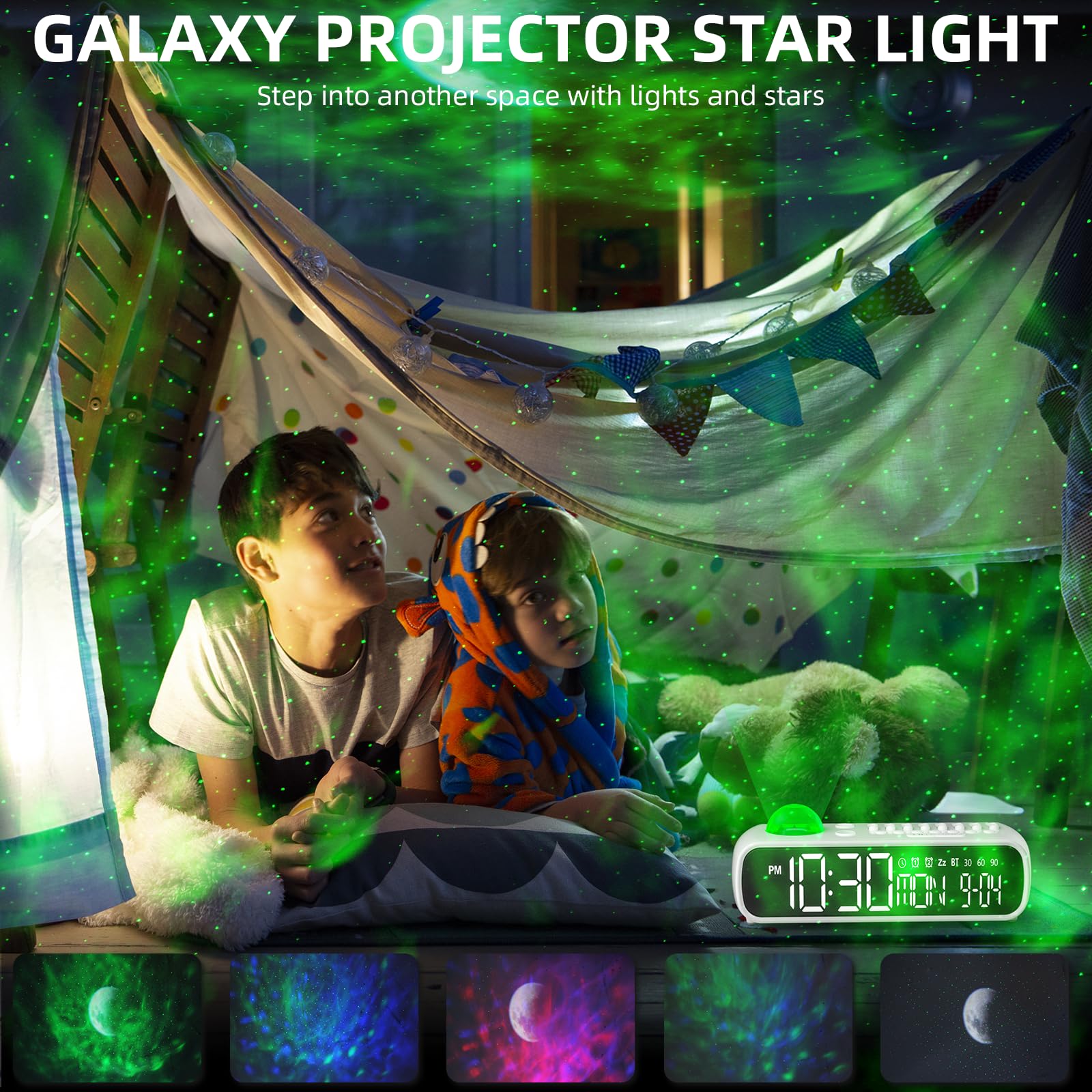 VOILEIPAGI White Noise Sound Machine with Clock for Baby Kids Adults, with 8 Soothing Sounds for Office & Sleeping, 30/60/90 Mins Timer, Bluetooth Speaker, Star Projector Galaxy Light for Home, Travel