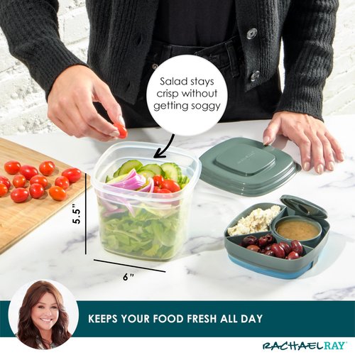 Rachael Ray Salad Container For Lunch, Salad Lunch Container For Adults, Salad Bowl Kit With Compartments For Salad Dressing & Toppings, Includes Ice Pack