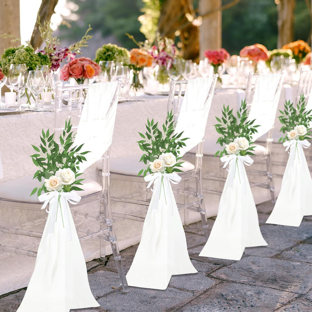 VitalCozy Wedding Aisle Chair Decorations - 12 Sets of White Sashes with Artificial Ruscus & Chiffon for Ceremonies