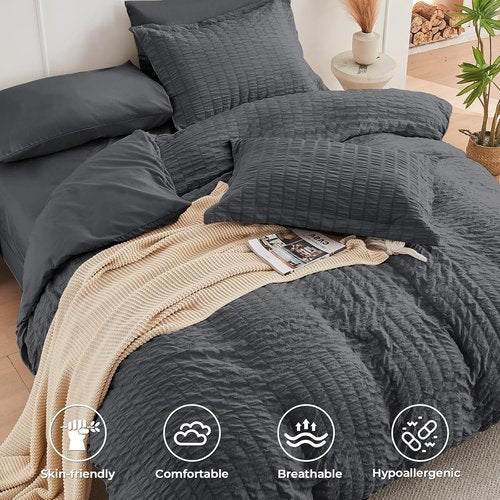 HYMOKEGE California King Comforter Set - 7-Piece Seersucker Luxury Bedding in Dark Grey