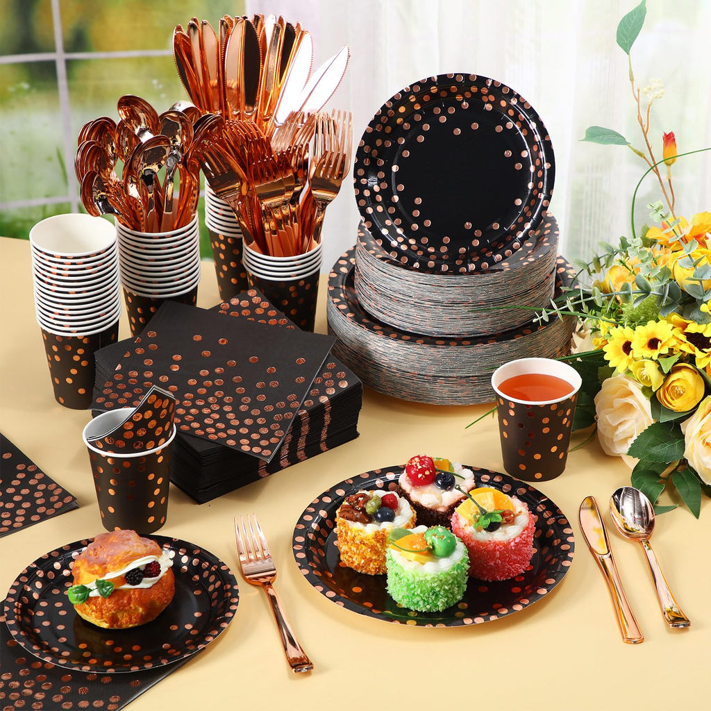 700 pcs Black and Rose Gold Party Supplies for 100 Guests Disposable Dinnerware Kits Black Rose Gold Paper Plates Napkins Cups Rose Gold Plastic Forks Knives Spoons for Birthday Wedding Party