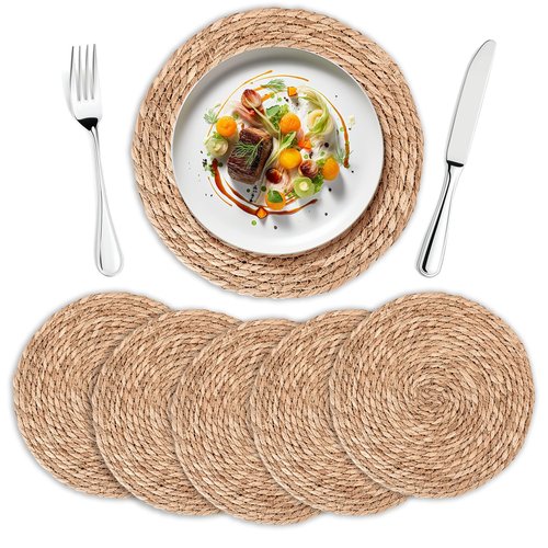 Round Woven Placemats Set of 6 | Handmade Natural Wicker Placemats for Holiday Wedding Home - Slip Heat Resistant Rattan Chargers for Dinner Plates (13 Inch)
